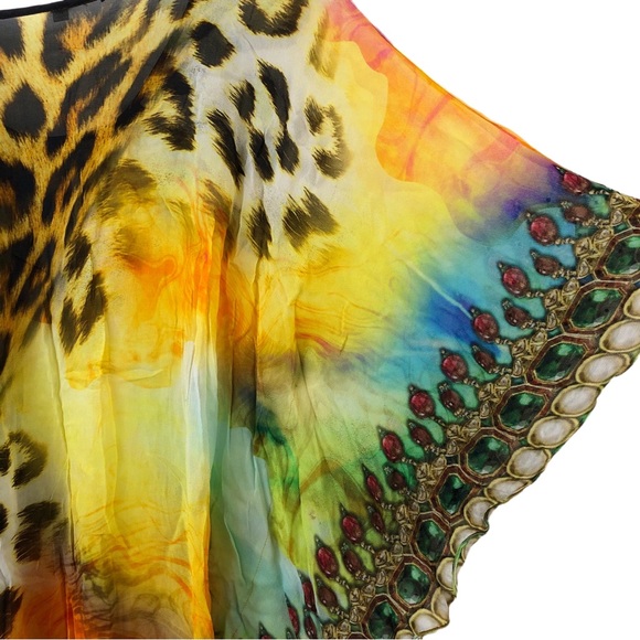 Ash & Sara Rainbow Leopard Gem Boho Flutter Sleeve Beach Coverup Blouse Top M - Picture 11 of 15